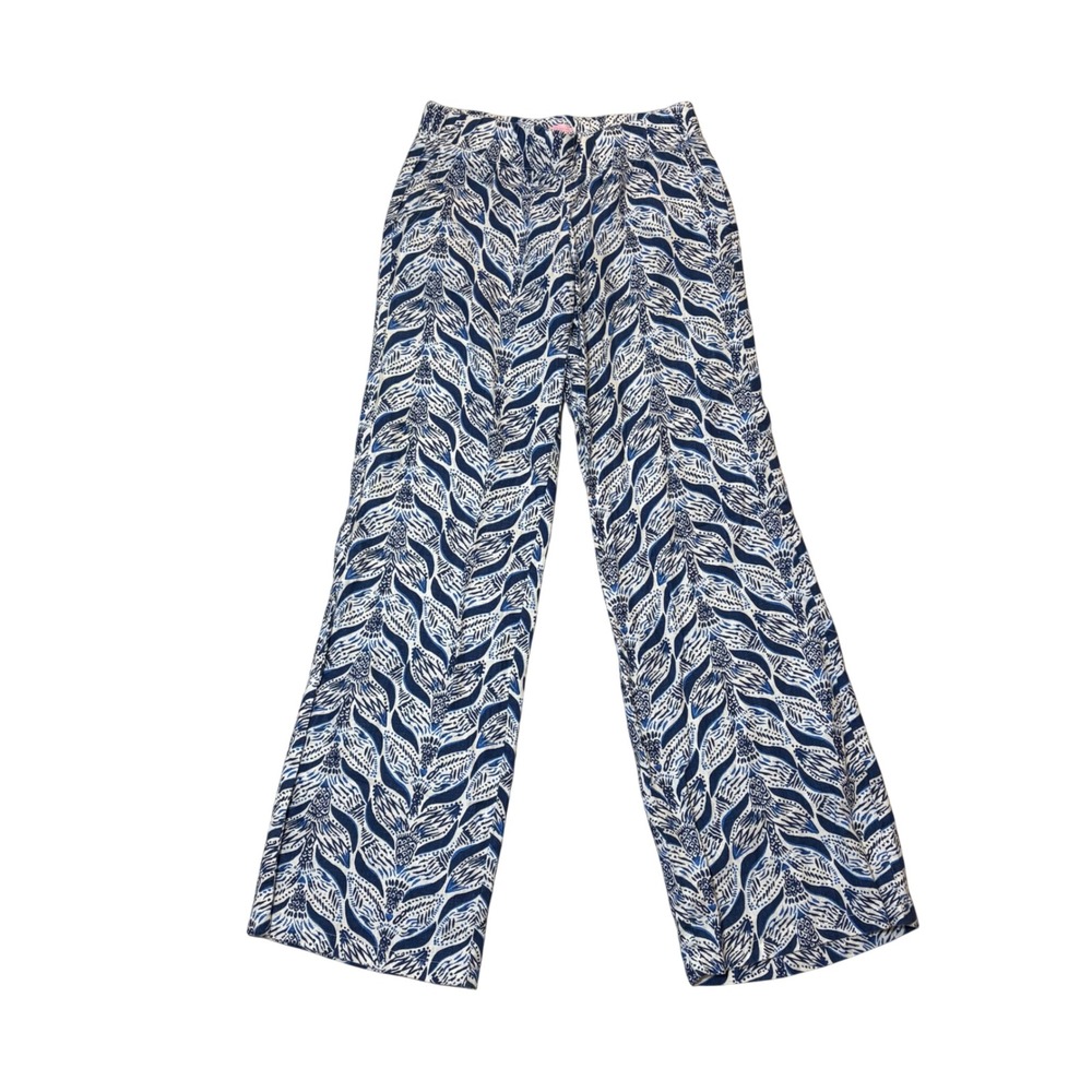Lilly Pulitzer Palm Print Wide Leg Linen Pants XS Blue White Casual Beach Resort